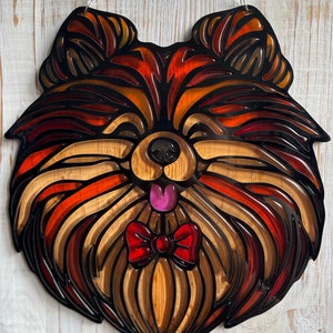 Handcrafted Epoxy Resin Stained Glass Pomeranian Pet Portrait Window Hanging Dog