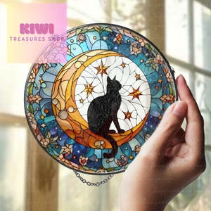 Cat On Moon Glass Suncatcher: Black Cat Lover Gift