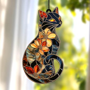 Black Cat & Flower ACRYLIC Suncatcher, Faux Stained Glass Window Hangings, Cat Art Decor, Perfect Birthday Gift for Cat Lovers, Home Decor