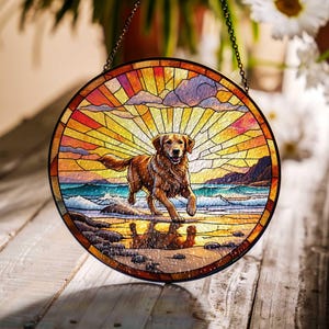 Golden Retriever Suncatcher: Beach Dog Memorial Window Art