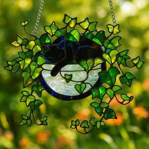 Black Cat Moon Suncatcher, Style Window Hanging, Ivy Plant Acrylic Decor, Cozy Witchy Home Art, Cat Lover Gift