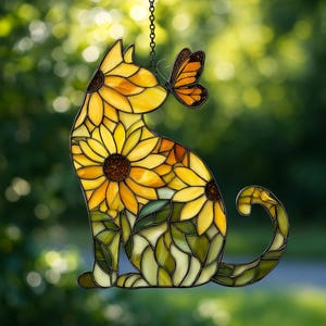 Sunflower Cat ACRYLIC Suncatcher, Sunflower Cat FAUX Stained Glass Window Hanging, Window Hanging Decor, Floral Cat Suncatcher, Cat Lovers