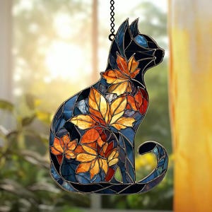 Floral Cat Floral Faux Stained Glass Suncatcher, Acrylic Hanging Window Art with Black Cat, Gift for Cat Mom, Cozy Seasonal Home Gift