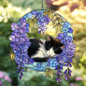 Sleeping Cat Acrylic Suncatcher - Round Floral Window Hanging With Wisteria Blooms, Gift For Cat Lovers And Cozy Home Decor