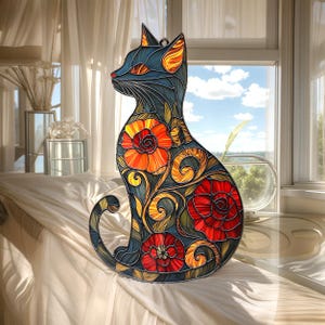 Colorful Cat Faux Stained Glass Suncatcher - Floral Acrylic Window Hanging For Cat Moms - Artistic Sunlight Decor Gift