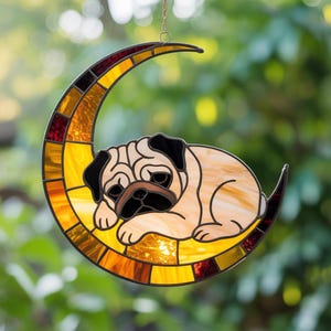 Sleeping Pug Acrylic Suncatcher, Dog Lover Window Hanging, Moon and Puppy Home Decor, Memorial Dog Ornament, Cute Pet Wall Art, Dog Mom Gift