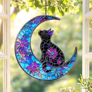 Cat Moon Acrylic Suncatcher, Floral Crescent Window Decor,Purple Blue Cat Hanging Art, Mystic Night Animal Ornament, Gift for Cat Lovers