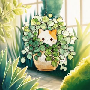Kitten in Plant Pot Faux Stained Glass Resin Suncatcher, Cute Cat & Greenery Window Art, Pet Lover Gift