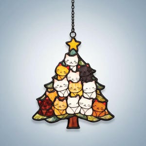 Resin Cat Christmas Suncatcher, Faux Stained Glass Cat Xmas Tree Window Hanging, Cute Pet Lover Gift, Unique Holiday Decor