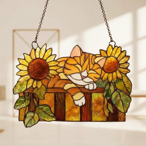 Resin Cat and Sunflower Suncatcher, Pet Lover Gift, Handmade Animal Garden Art