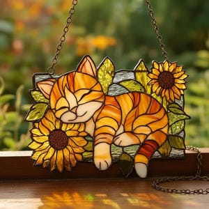 Resin Cat And Sunflower Suncatcher, Rustic Window Hanging Decor, Faux Glass Pet Art