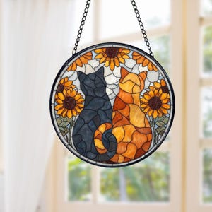 Sunflower Cats Suncatcher Acrylic Faux Glass Window Hanging, Cute Kitten Cat Lovers Gift, Floral Garden Home Decor, Sisterhood Art Ornament
