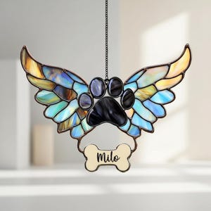Personalized Pet Memorial Suncatcher Angel Wings Paw Print Custom Name Acrylic Window Hanging Rainbow Bridge Tribute Gift
