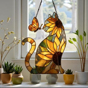 Sunflower Cat Faux Stained Glass Acrylic Suncatcher Window Hanger – Cat with Butterfly Window Hanging, Sunflower Decor Gift for Cat Lovers